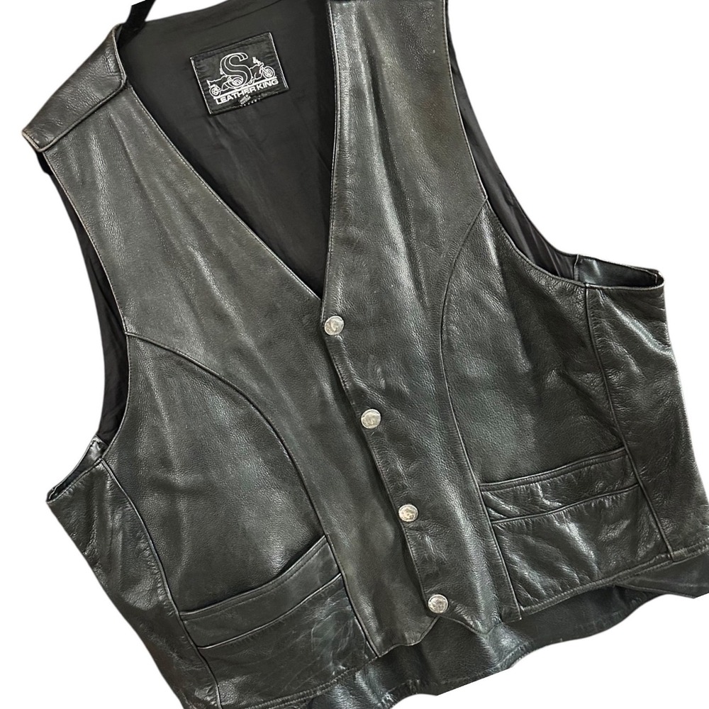 Leather King Biker Vest Mens 54 Black Good Vintage Buffalo Nickel Snaps Moto